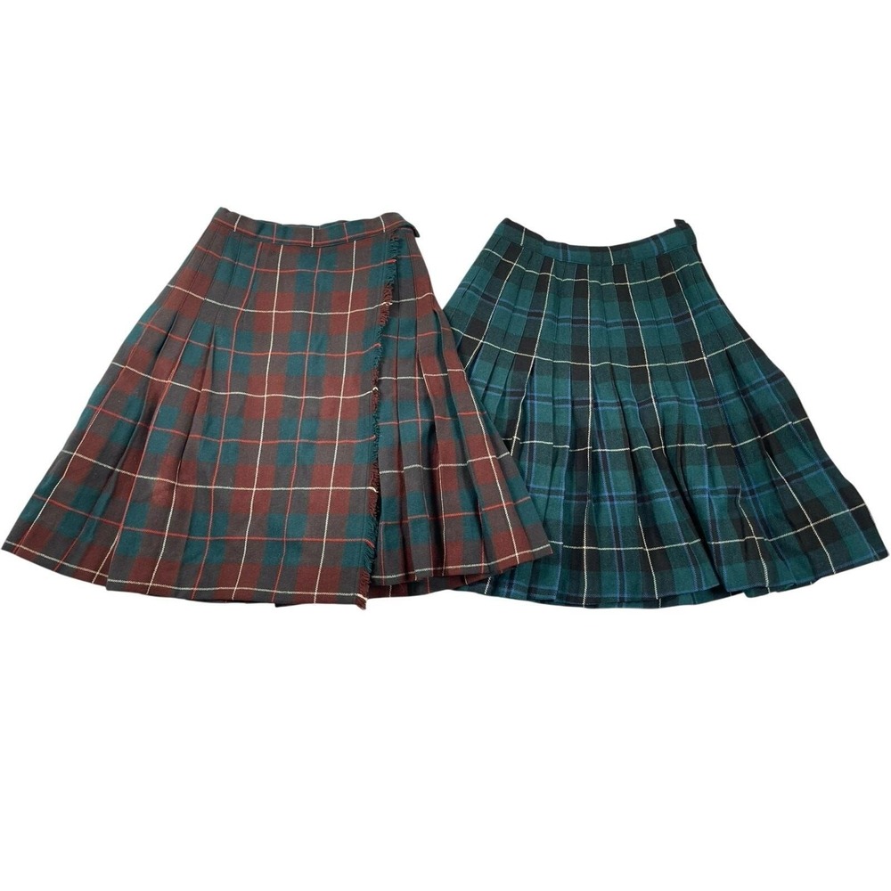Lot of 2 Vintage Skirts 23" Waist Green Red Tartan Plaid Wool Pleated A-line